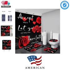 4 Pcs Red Rose Shower Curtain Sets with Rugs Black Blessed Bathroom Sets with...
