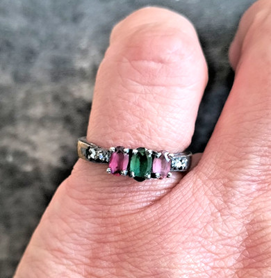 MAINE Pink & Green TOURMALINE 3 Stone Ring, Sterling Silver 925,  Size 7 / fine