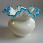 Vintage ~ Fenton Aqua Blue Crest Milk Glass Ruffled 5” Vase ~ Beautiful Piece