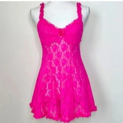 VTG-Cinema Etoile-M-hot pink-lace slip,baby doll,slip dress,seen on Madison Beer