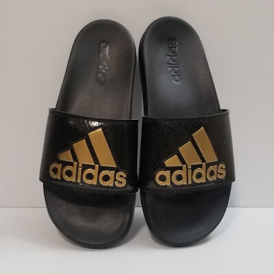 Adidas Mens Cloudfoam Adilette Comfort Black Gold GZ5897 Sandals Slides Size 7
