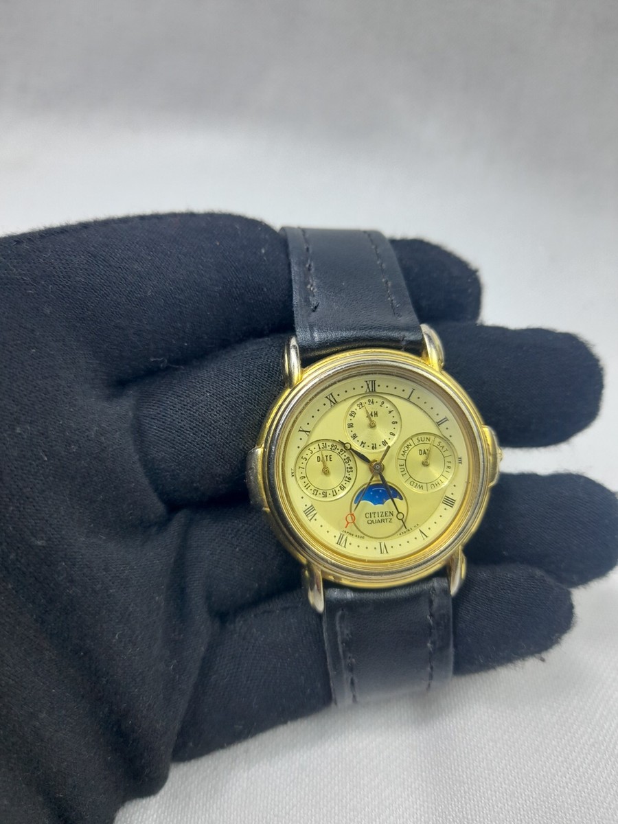 RARE CITIZEN 4330-432215 QUARTZ WATCH TRIPLE DAY & DATE MOONPHASE