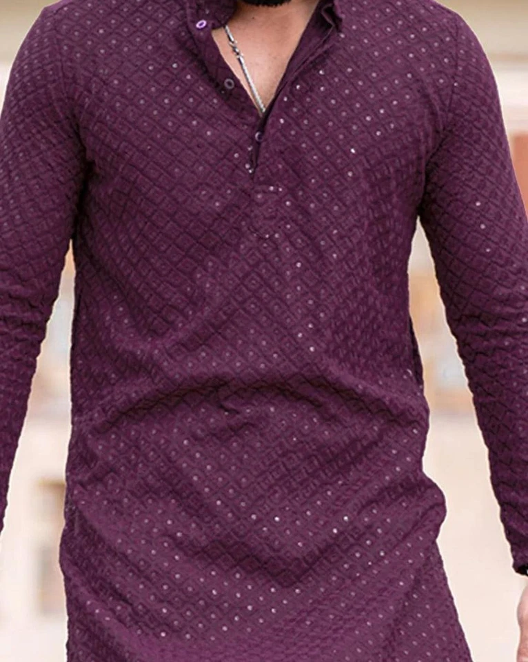 Conjunto de pijama Kurta étnico tradicional Kurta Chikankari Work Kurta para hombre Foto 4 de 4