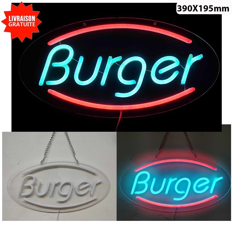 Enseigne lumineuse Burger en néon LED flexible et acrylique transparent 12V