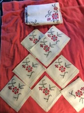 VINTAGE LINEN TABLECLOTH EMBROIDERED CROSS 68" X 50" HANDMADE EUROPEAN 8 NAPKINS