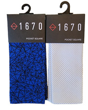 2-PK, 1670 Pocket Squares Royal Blue Geometric Pattern  White Polka Dot, Cotton