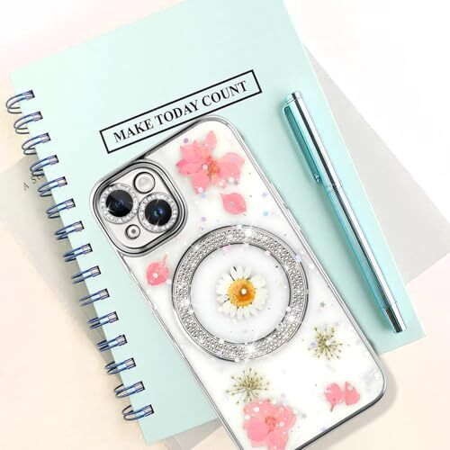 for Case Floral Flowers Pattern Diamond Magnetic Support for iPhone 13 Pink - Picture 7 of 7