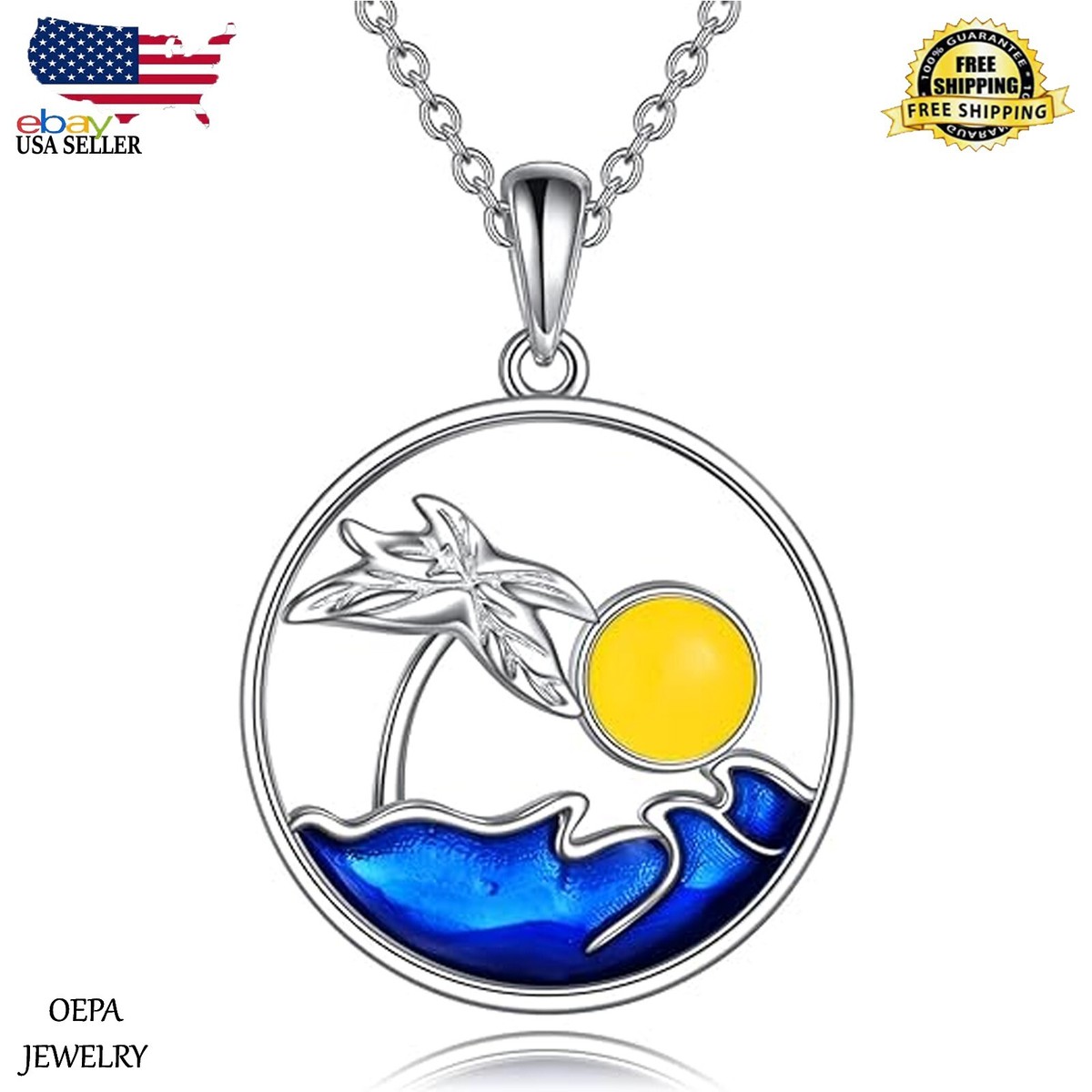 925 Sterling Silver Palm Tree Necklace Wave Ocean Beach Necklace