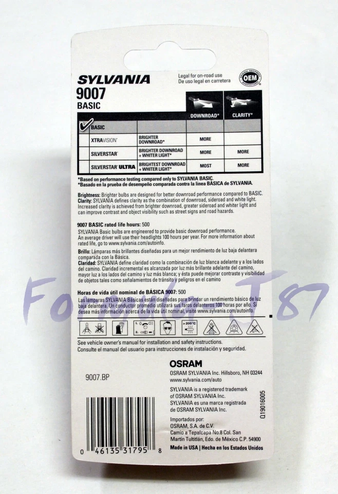 Sylvania Basic 9007 HB5 65/55W Dos Bombillas Cabeza Luz Doble Haz Repuesto OE Foto 3 de 4