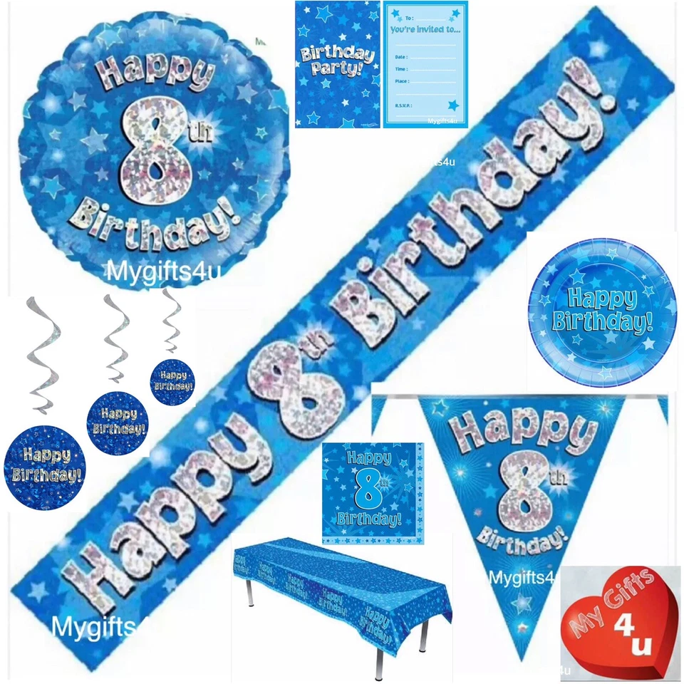 Blue 8th & Happy Birthday Party Decorations Buntings Banners Balloons Swirls Age