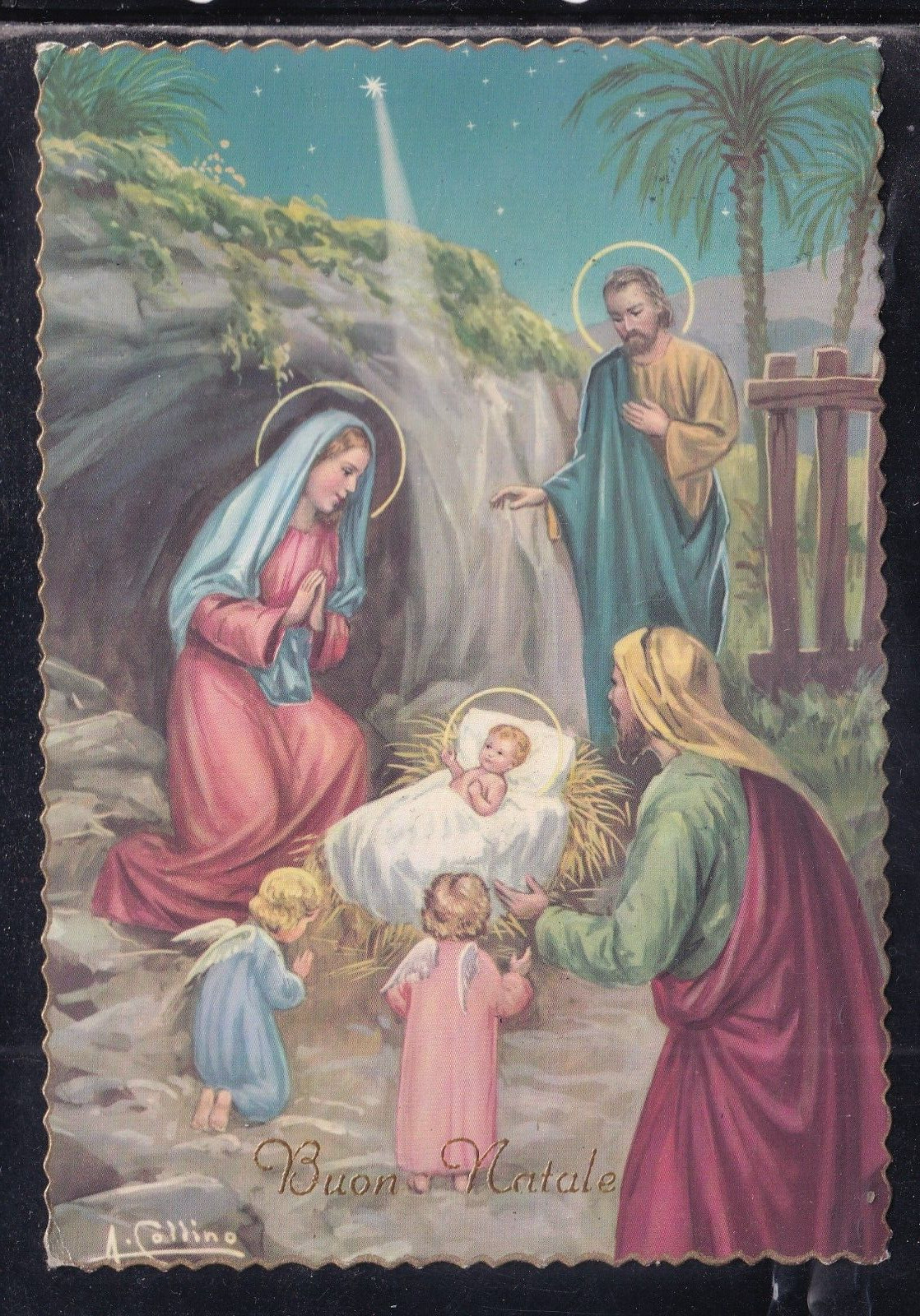 Cartolina Buon Natale Natività illustratore Collino Z1215