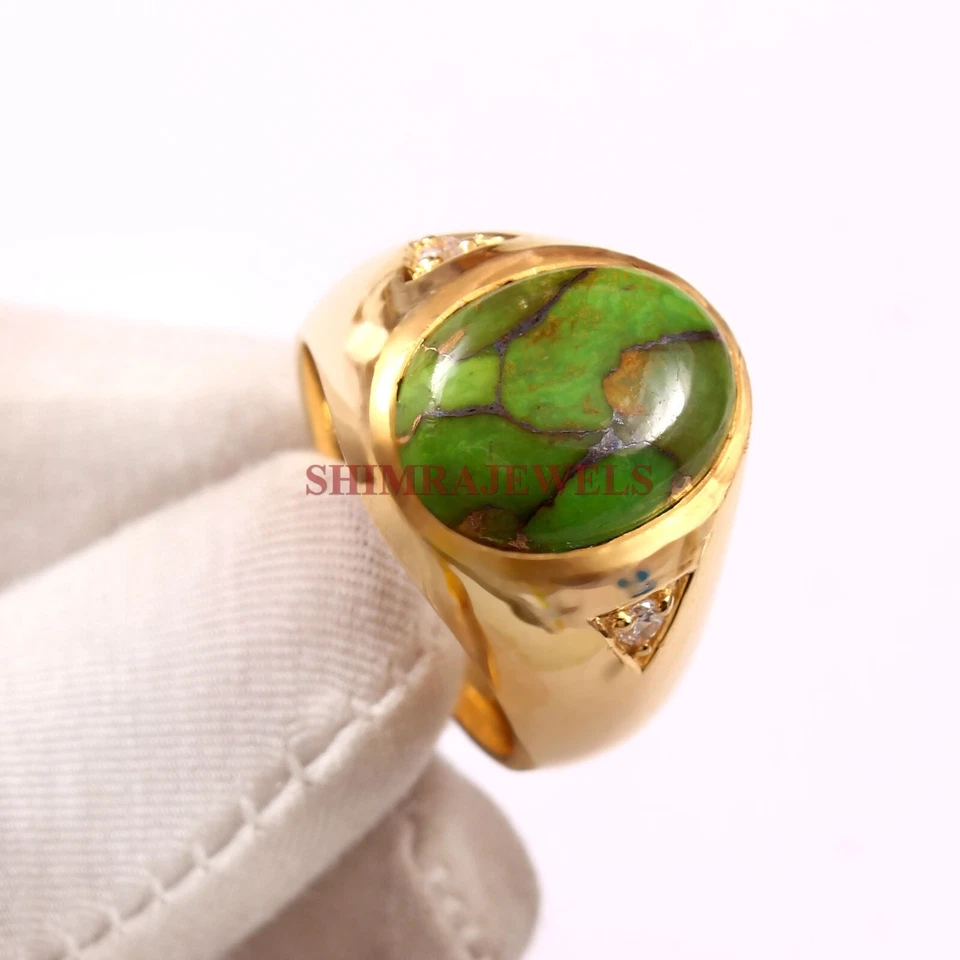 Künstlicher Grün Kupfer Türkis 18K Vergoldet Silber Ring für Herren #89 - Bild 3 von 4