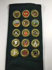 15 1950's Type E Merit Badge Archery Soil Nature Basketry leather BSA Sash
