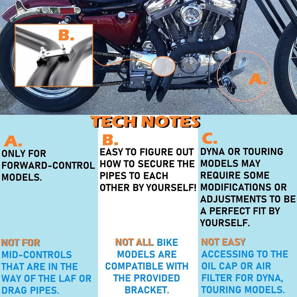 2" LAF Exhaust Pipes w/ Flange Kits for Harley Sportster Touring Black Wrapped - Imagem 2 de 4