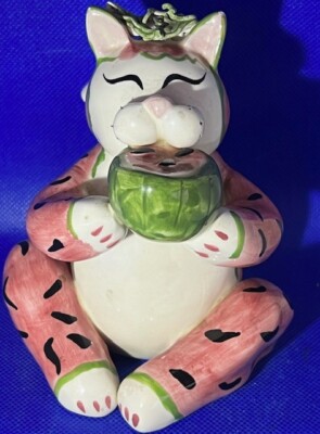 Amy Lacombe Annaco Creations Ceramic Cat Kitten Pink w/ Watermelon Figurine RARE
