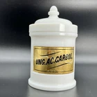 Antique White Milk Glass Apothecary Jar L.W.T. CO. with Reverse Glass Label