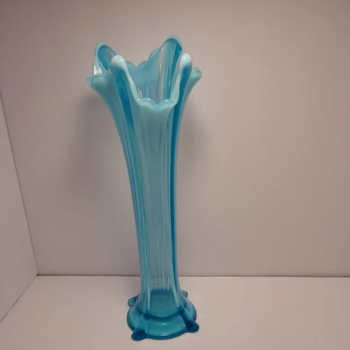 Vintage Blue Opalescent Swung Glass Vase Northwood Fenton? 11.5" Tall Beautiful