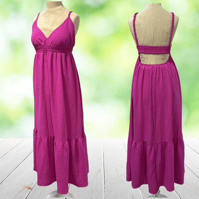 FOUR HEARTS Babydoll Maxi Dress Fuchsia Halter Crinkle Crepe Sundress Womens XL