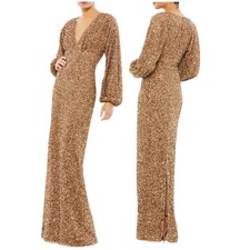 Mac Duggal NWT Brown Fully Sequined Puff Sleeve V Neck Gown Size 24 Long Sleeve