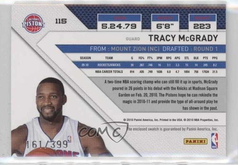 2010-11 Panini Threads Jerseys /399 Tracy McGrady #115 HOF - Image 2 of 2