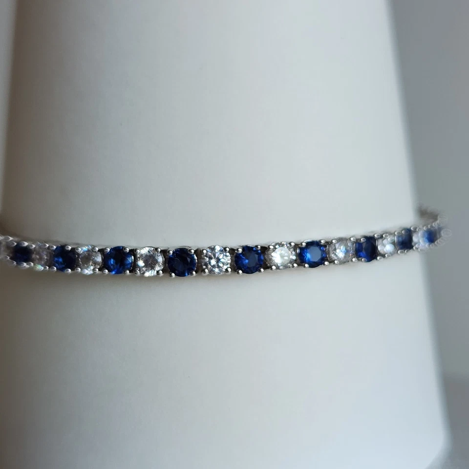Sterling Silver Tennis Bracelet Simulated Sapphire CZ 7.5" 9g Flowing Design - Image 2 of 4