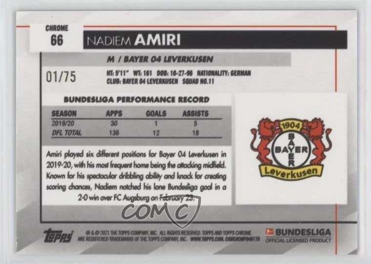 2020-21 Topps Chrome Bundesliga Sapphire Edition Green /75 Nadiem Amiri #66 - Image 2 of 2