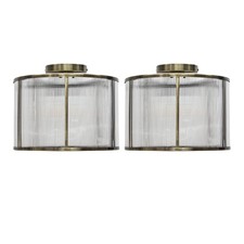 Set of 2 Modern Antique Brass With Ribbed Diffuser Flush Ceiling Light Fittings