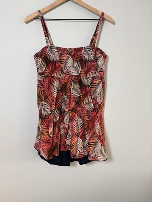 Fit 4 U Ur Tummy Swimsuit Size 14 Red Orange Palm Leaves Shorts Bathing Suit New