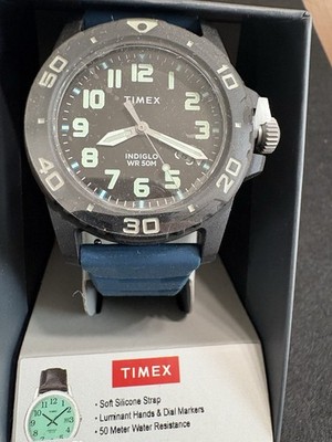 Timex Watch Black Case Blue Silicone Strap Indiglo 50M WR TW5M61100JT Box Set