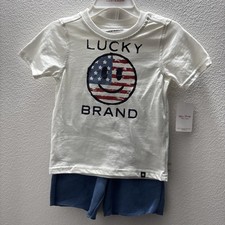 LUCKY BRAND 2 PIECE SET BOYS T SHIRT WUITE AND SHORT BLUE SIZE 4