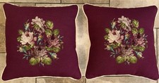 VINTAGE 2 BURGUNDY FLORAL HAND STICHED NEEDLEPOINT PILLOW 17 X17 VELVET BACK
