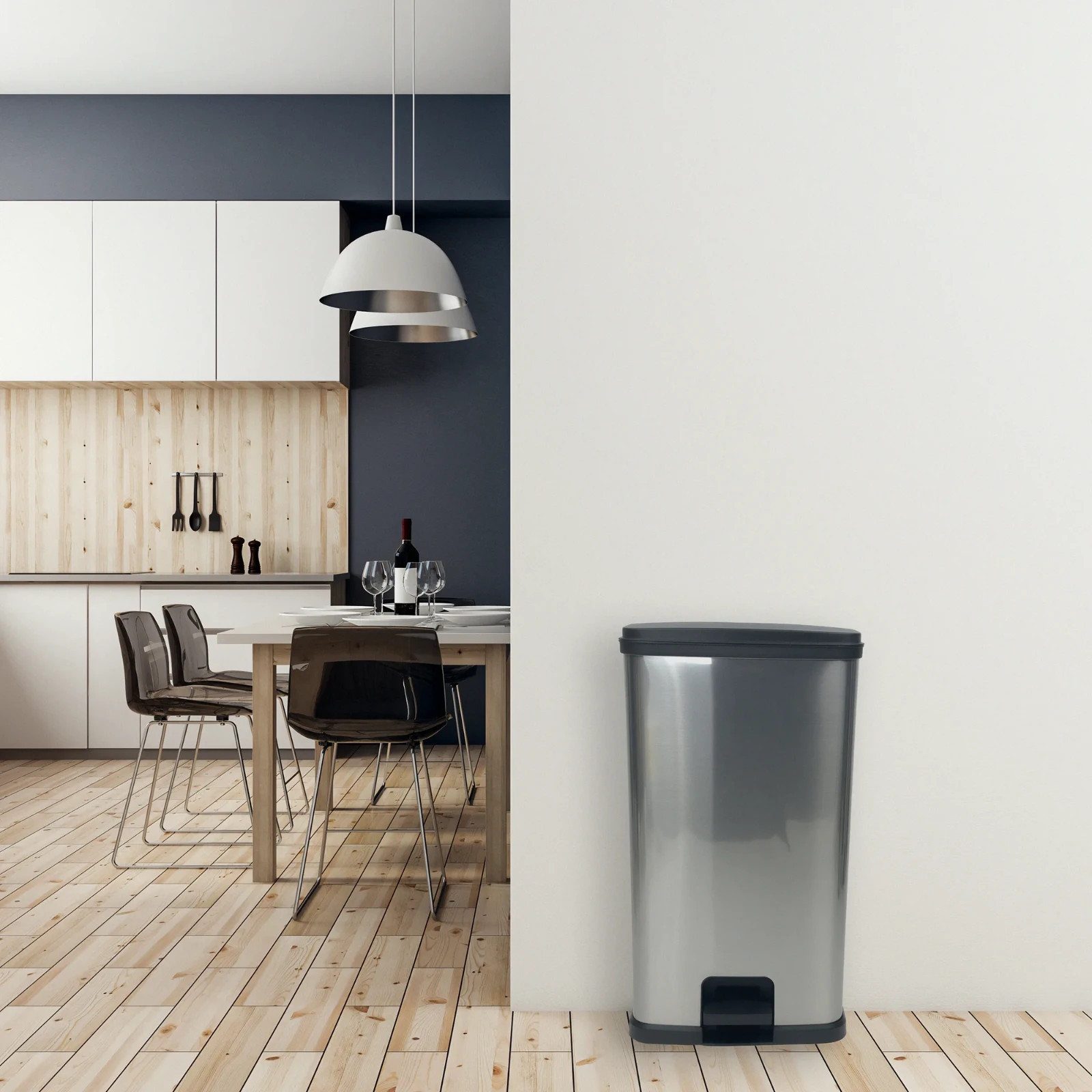 Mainstays Kitchen Trash Can, 13.2 Gallon Plastic Step Garbage Bin,Lid, Silver