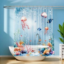 Clear Plastic Jellyfish Shower Curtain Liner, Cute Ocean Nautical Coastal Bea...