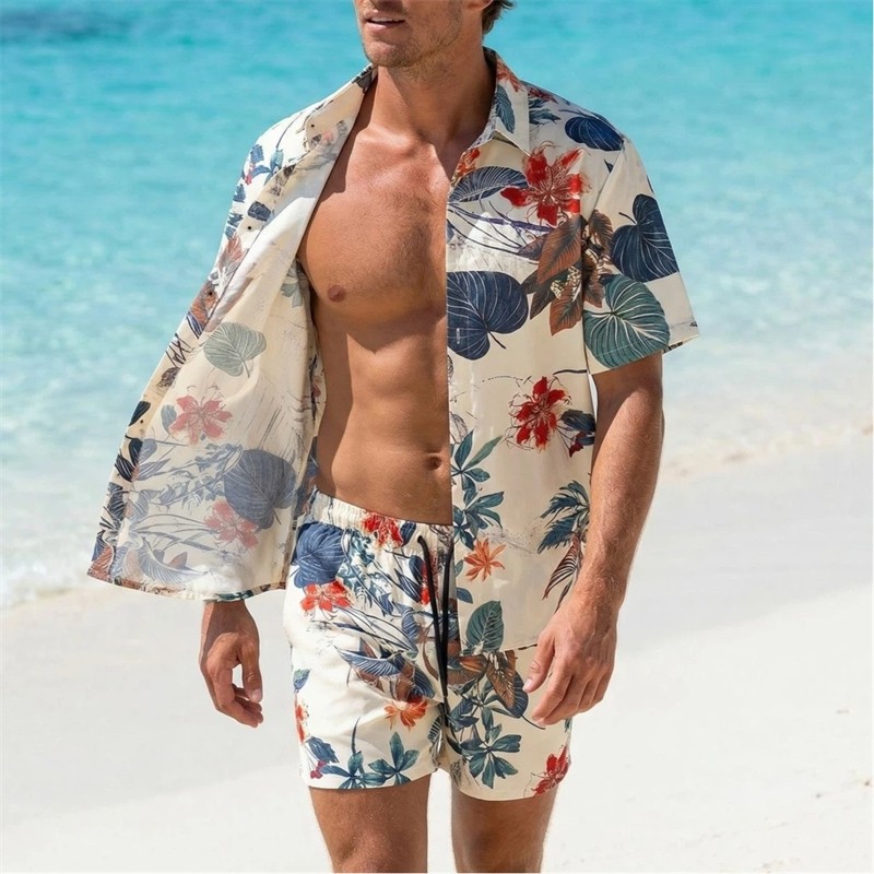 Men 4-Way Stretch 3D Print 2 Piece Beach Shirt Shorts Big Size Vacation Set