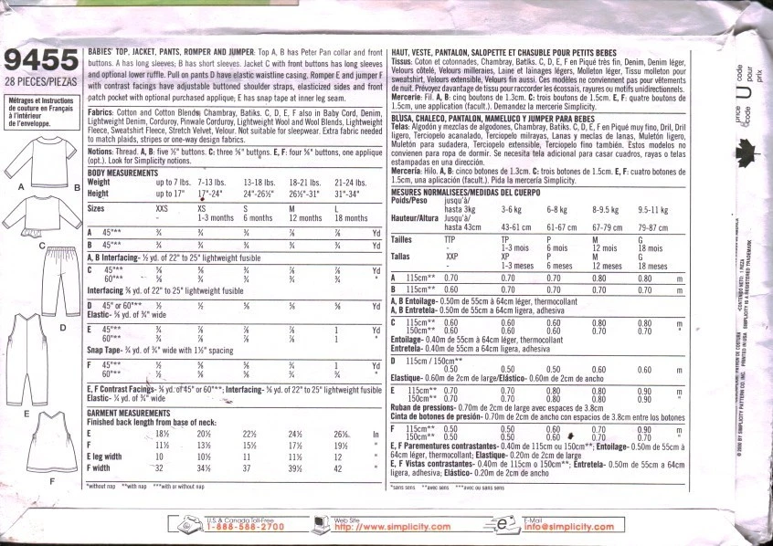9455 Vintage Simplicity Sewing Pattern Infant Layette Top Jacket Pants Romper S - Image 2 of 2