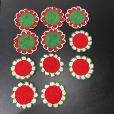 Set Of 11 Handmade Crochet Coasters 4 Green Red White Kitschy Christmas Decor