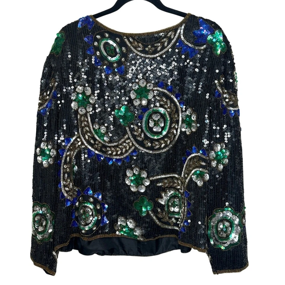Blusa Scala De Colección Negra Verde Dorada Paisley Lentejuelas Manga Larga Fiesta Vacaciones 3X Foto 2 de 4