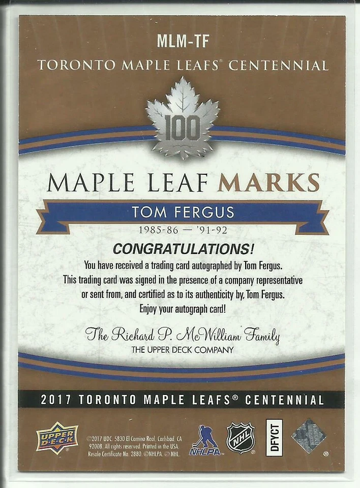 2017 Upper Deck Toronto Maple Leafs Centennial Autographs #MLM-TF Tom Fergus - Image 2 of 2