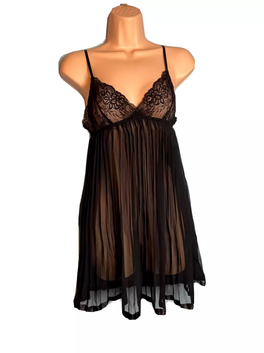F49 LA SENZA ULTRA SHEER BLACK PLEAT CHIFFON LACE BABYDOLL NIGHTIE
