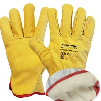 Cow Grain Leather Driver Work Gloves Fleece Lined Lorry Truck Driving Glove DIY