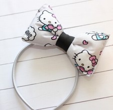 Large Light Gray Puffy Hello Kitty hair bow with clip headband - HAIR002