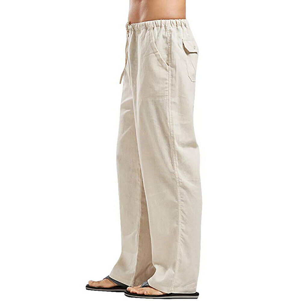 Mens Cotton Linen Pants Elastic Waist Linen Pocket Casual Trousers Sweatpants US