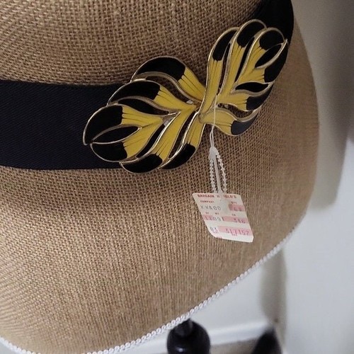 Vintage 1980s Black Elastic with Leaves Feather Enamel buckle Accessory belt - Picture 6 of 10
