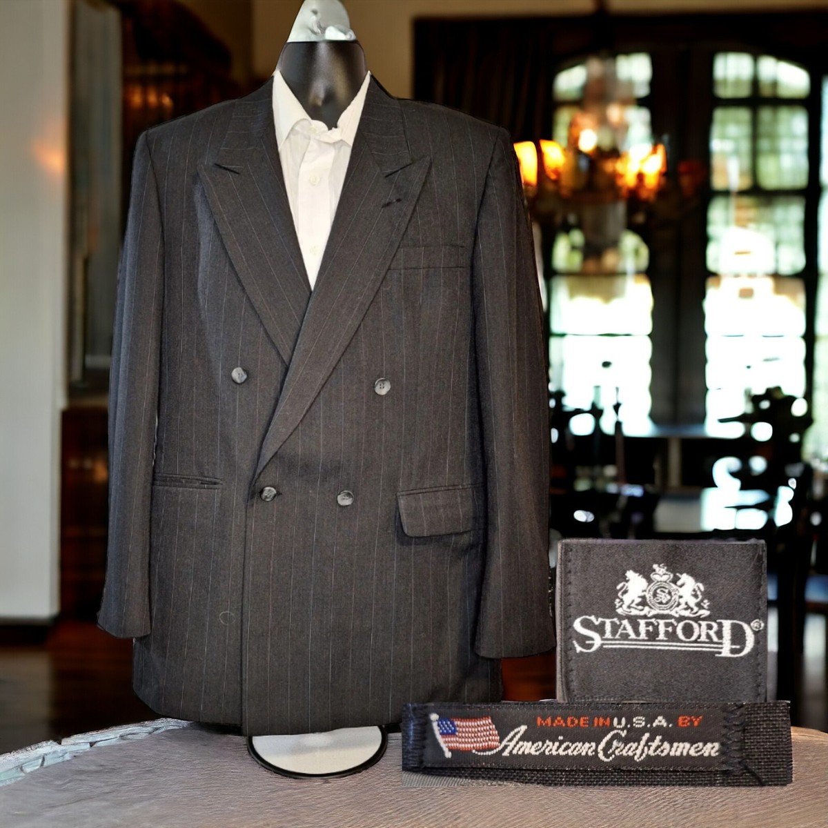 Vintage Stafford Double Breasted Blazer Mens 40L Black Blue