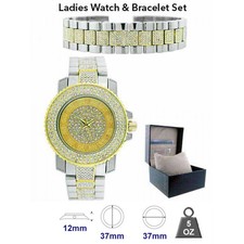 NEW ICE MASTER SILVER+GOLD 2 TONE,2 PC SET,PAVE CRYSTALS,GLITZ WATCH+BRACELET