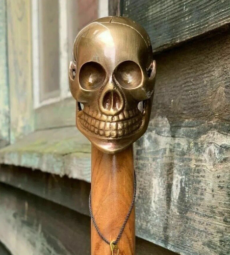 Antique Style Brass Skull Head Handle Designer Wooden Walking Stick Shaft Canes - Picture 5 of 5