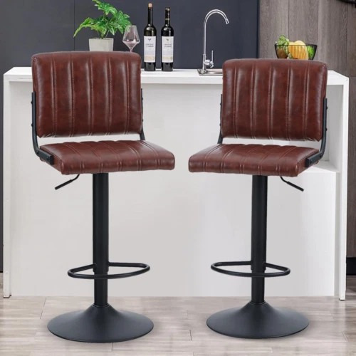 ALPHA HOME Bar Stools Set of 2 PU Leather Chairs with Back Brown