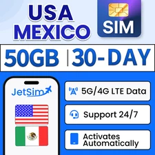 USA Mexico SIM Card-50GB High-Speed, 30 Day JetSim/Travel SIM