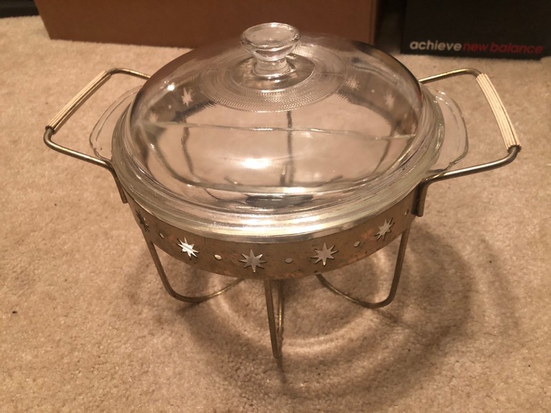 FIRE KING DIVIDED CASSEROLE BAKING DISH ATOMIC CHAFING DISH WARMING STAND MCM