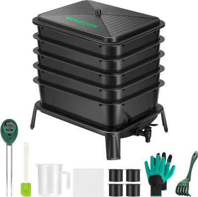 5-Layer Worm Compost Bin, 50L Worm Composter, Easy Setup Inclusive Worm Farm Kit